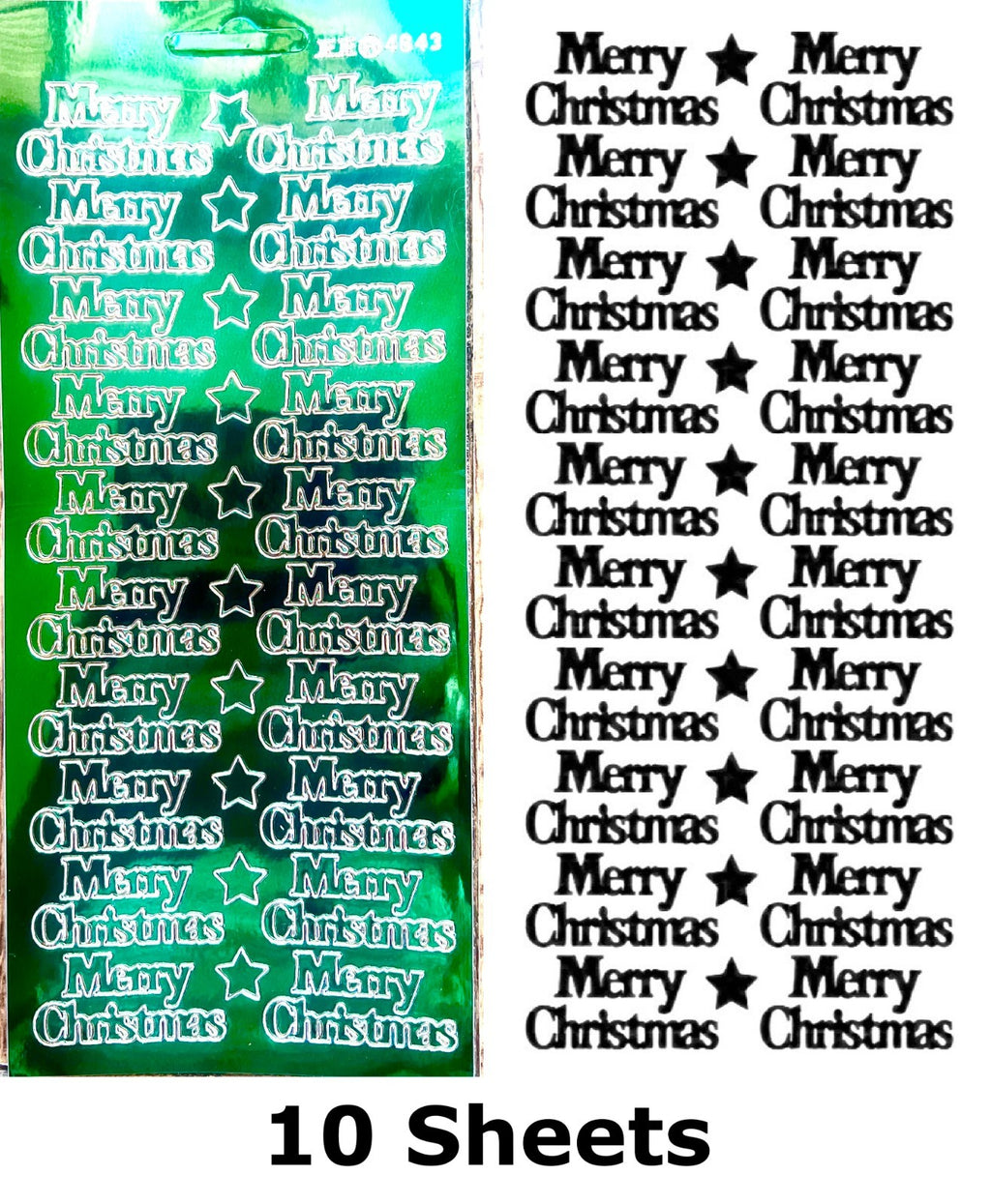 10 Sheets - Green Mirror Shine Merry Christmas Peel Off Stickers Card Making