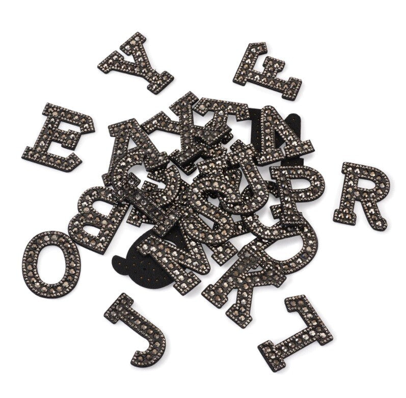 Rhinestone Letter Patch Patches Glue Sew Alphabet Embroidery Letters - Black with Black Rhinestones