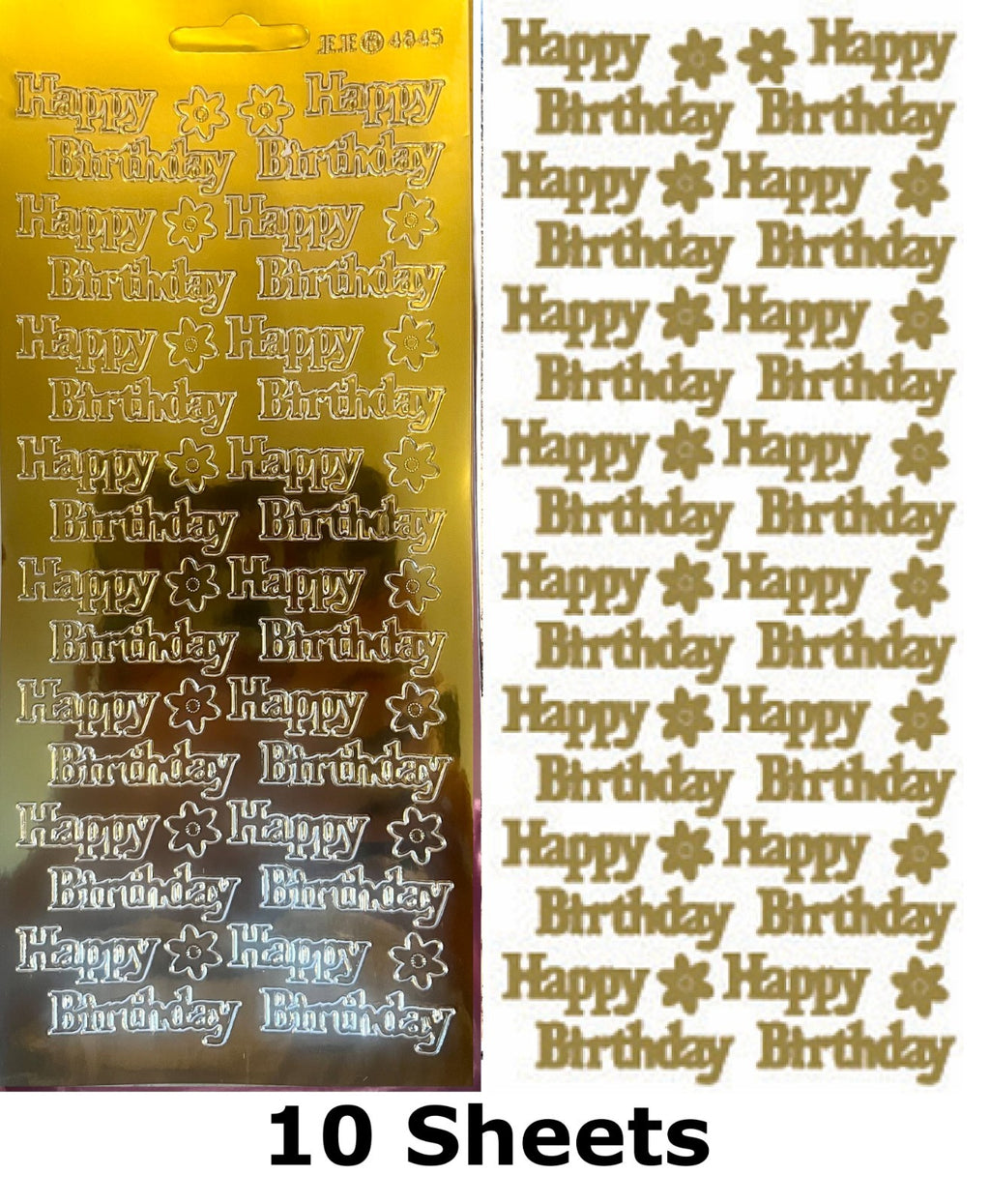 10 Sheets - Gold Happy Birthday Mirror Shine Peel Off Sticker Craft Stickers