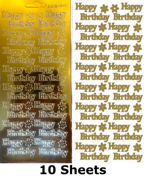 10 Sheets - Gold Happy Birthday Mirror Shine Peel Off Sticker Craft Stickers