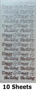 10 Sheets - Happy Birthday Pearl Glitter Silver Peel Off Sticker Craft Stickers