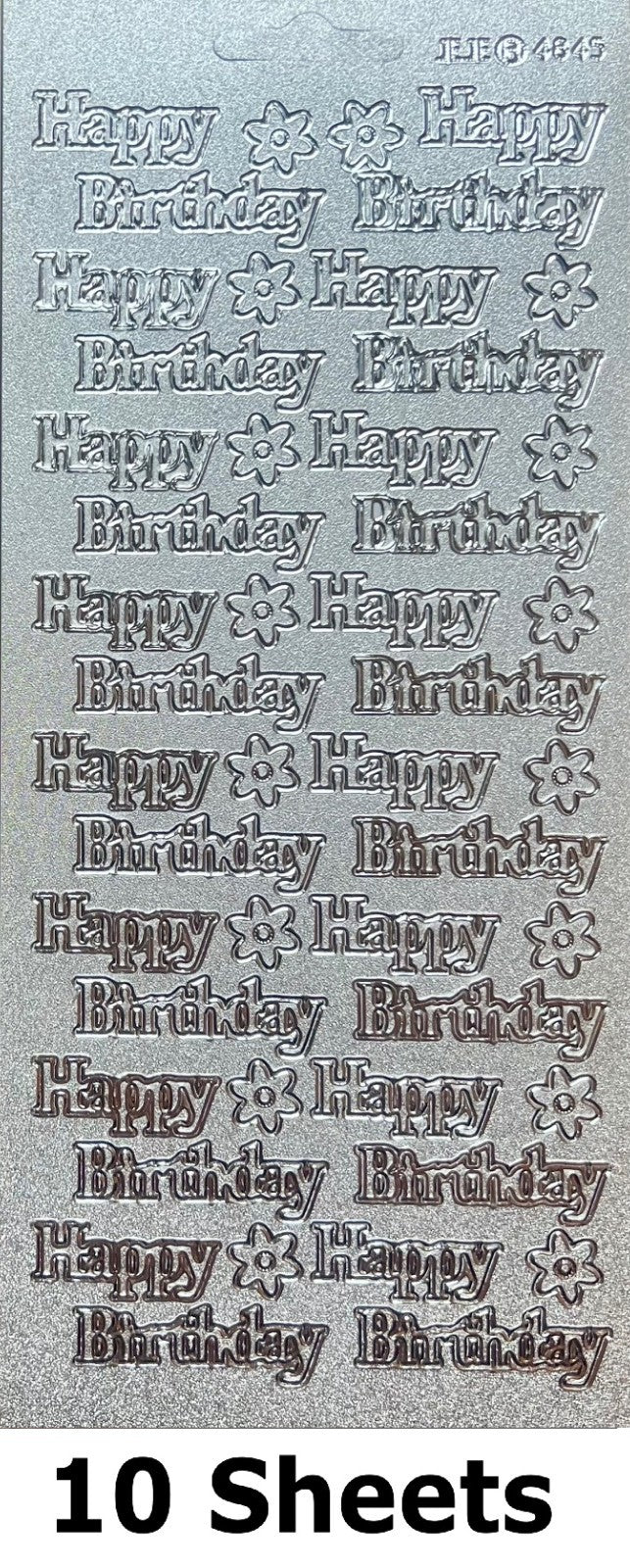 10 SHEETS - Happy Birthday Pearl Glitter Silver Peel Off Sticker Craft Stickers