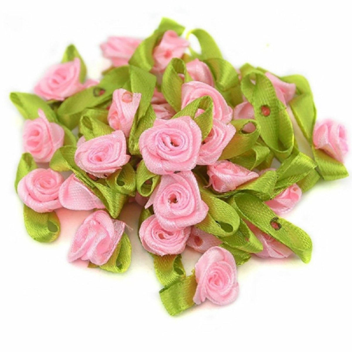 Mini Satin Ribbon Rose Buds Flowers Green Leaf Leaves Craft Wedding Confetti - Light Pink