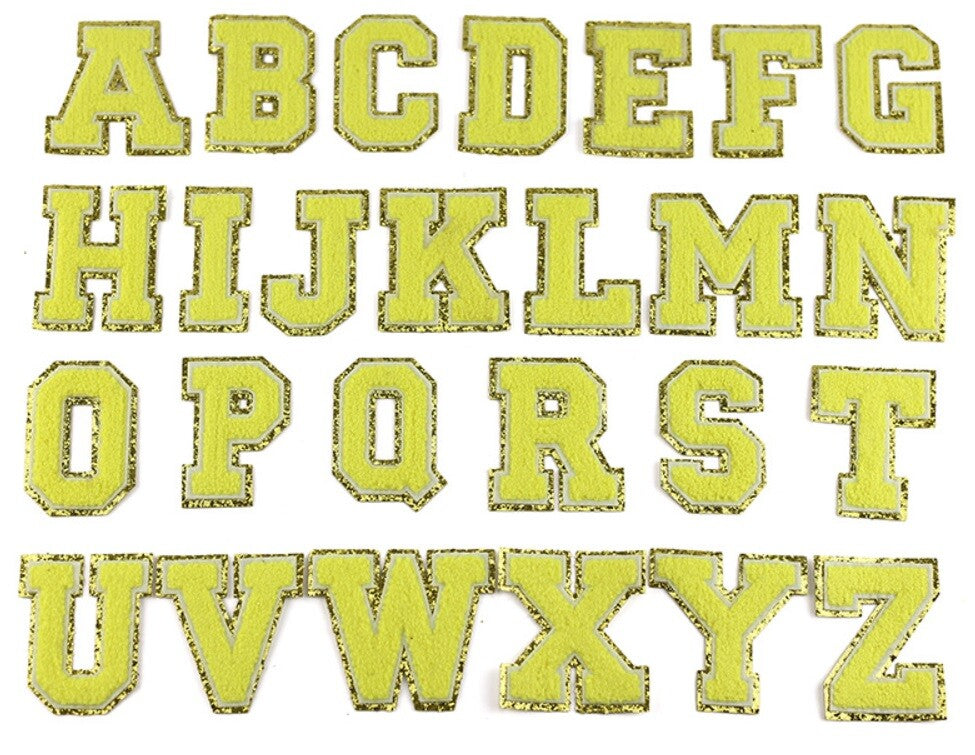 3D Coloured & Gold Chenille Patch Letter Patches Iron on Alphabet 5.5cm / 55mm - Yellow