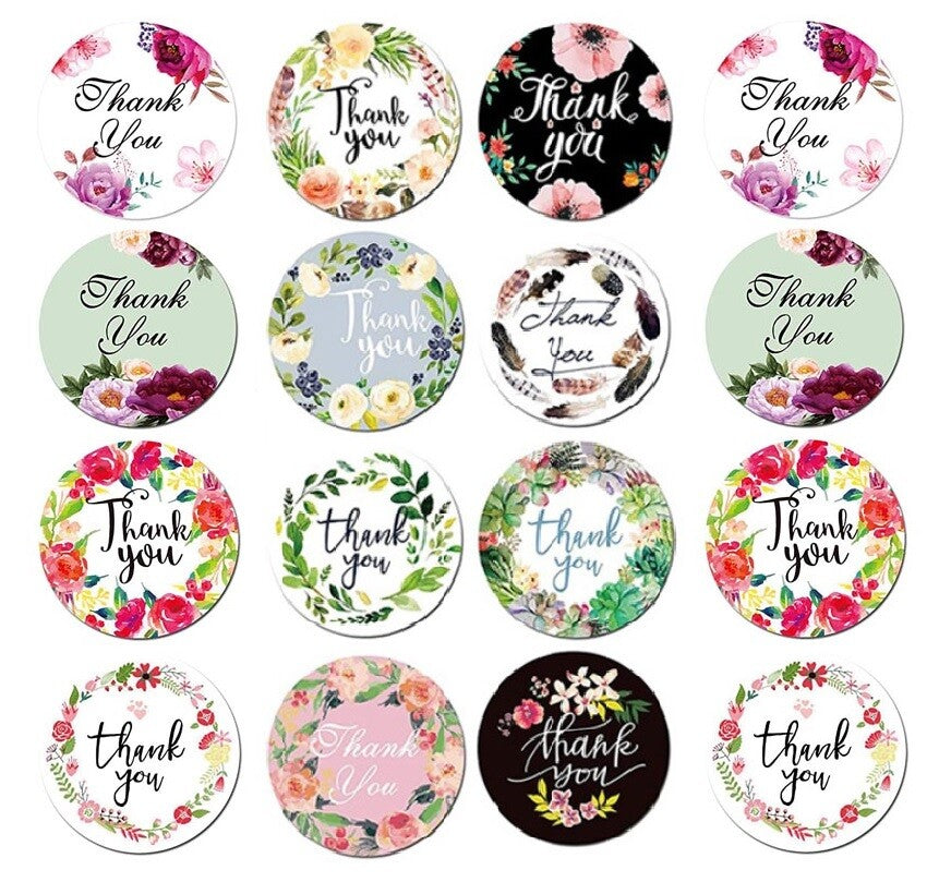 Round Labels 'Thank You' Floral Handmade Gift Craft Seal Flower Stickers 2.5cm