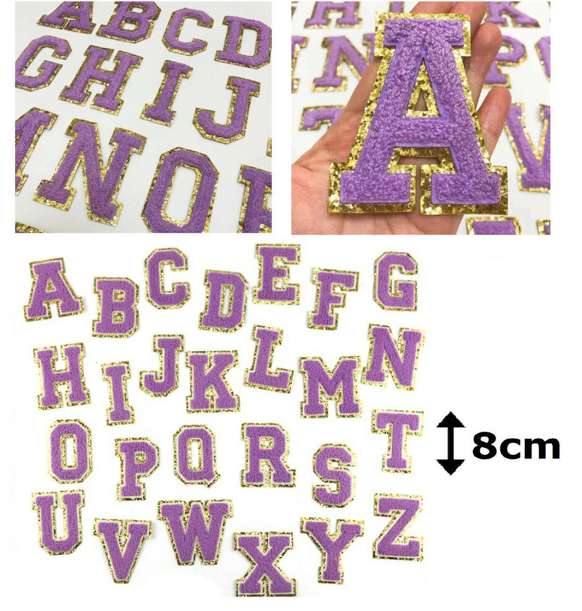 8cm Large 3D Purple Gold Chenille Patch Letter Patches Iron Sew on Alphabet