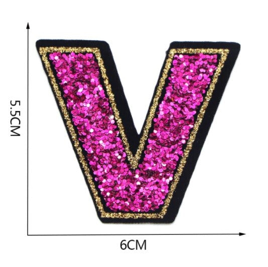 Large Pink Sequins Glitter Letter Patch Iron on Sew on Alphabet Customise 5.5cm - V