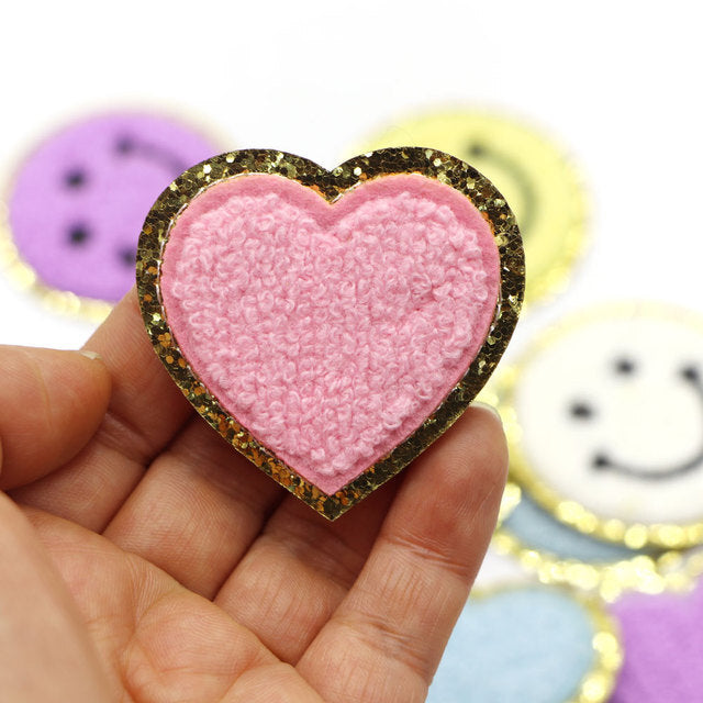 5cm Chenille & Gold Towel Heart Patch Iron on Sew on Customise Clothing Craft - Light Pink