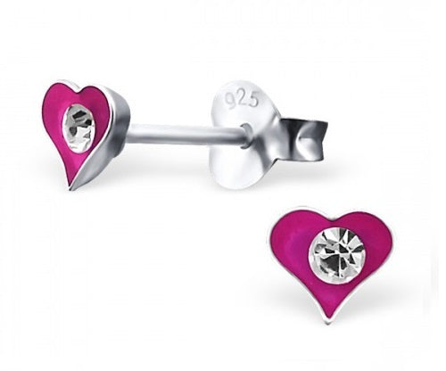 925 Sterling Silver Heart Diamante Stud Earrings Love Valentine & Gift Box - Fuchsia