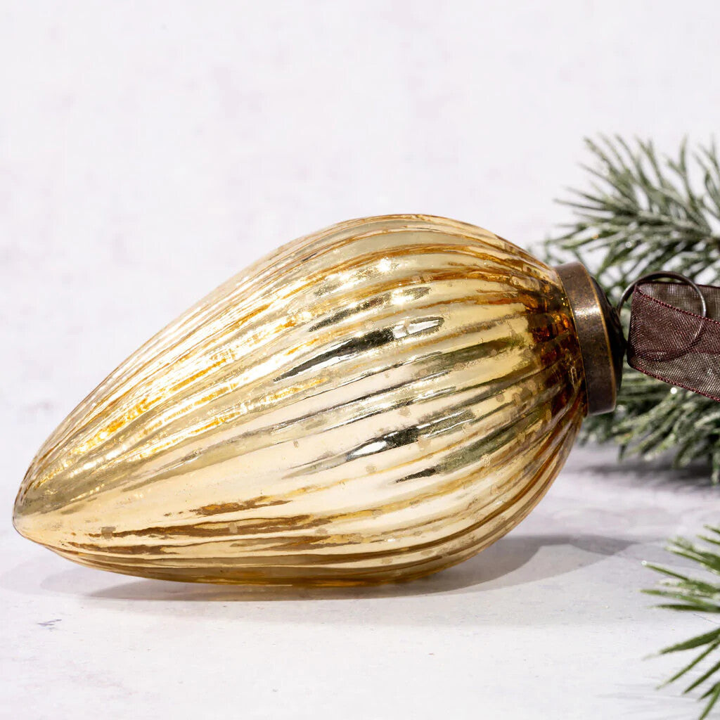 XL Glass Handcrafted Baubles Premium Traditional Christmas Tree Bauble 10cm - Gold Ribbed Glass Pinecone - 1 Bauble