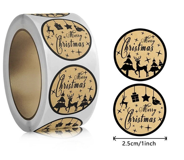 Merry Christmas Happy Xmas Brown & Black Labels Stickers Gift Sticker 2.5cm
