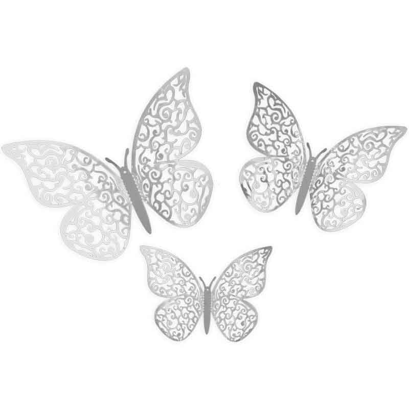 3D Adhesive Butterflies Pack of 12 - Card Making Cake Craft Wall Art Decoration - Silver