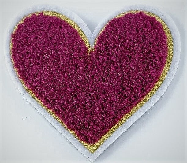 3D Large Chenille Towel Heart Patch Iron on Sew on Customise Clothing Craft 7cm - Burgundy
