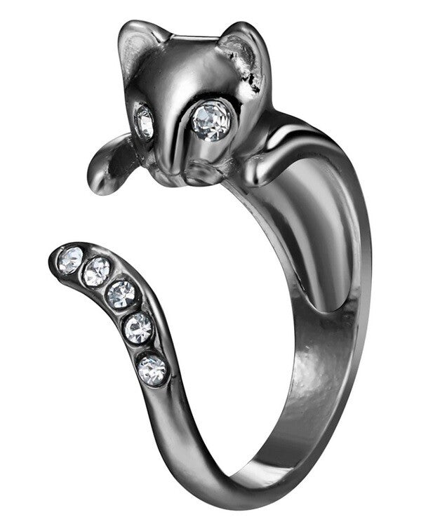 Cat Feline Crystal Wrap Ring Open Adjustable Curve Wrap Ring & Gift Bag - Metallic Grey