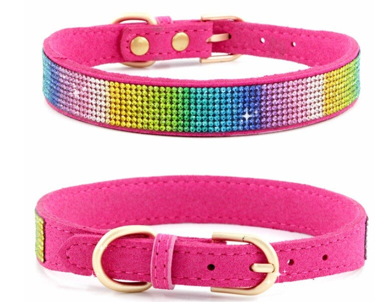 Suede Rhinestone Dog Collar Diamante Puppy Yorkie Teacup Chihuahua & Upwards - Fuchsia Coloured Rhinestones