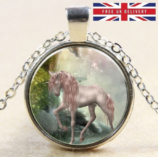 Large Pink Mystical Magical Unicorn Cameo Glass Cabochon Pendant Necklace 38mm