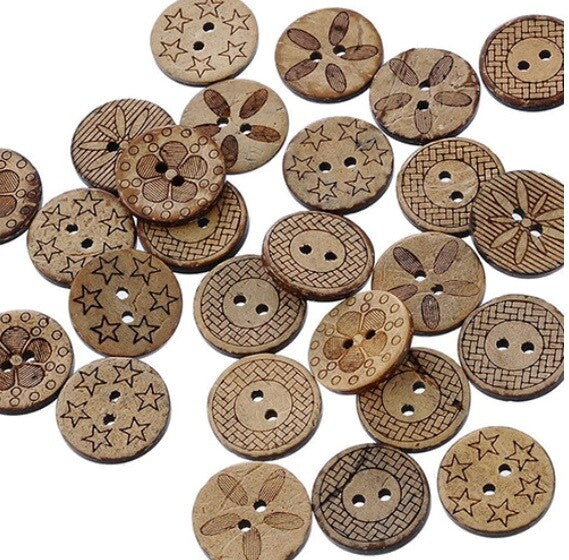 Coconut Shell Etched Natural Wooden Round Mixed Design Buttons 2 Holes 18mm