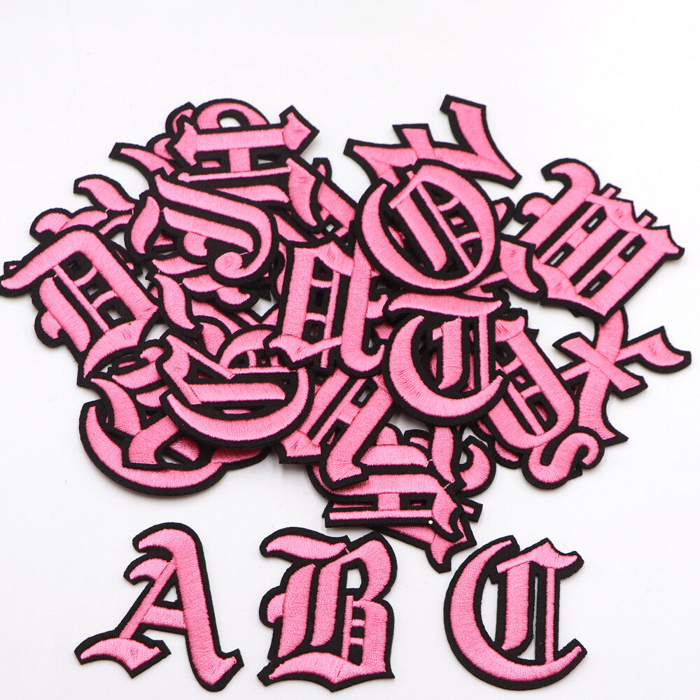 Pink Black Old English Medieval Letter Patch Patches Iron on Alphabet Embroidery