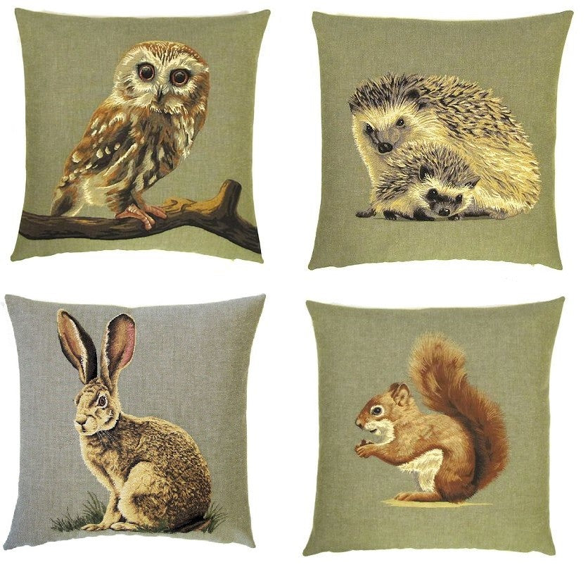 FOREST ANIMALS OWL SQUIRREL HEDGEHOG HARE TAPESTRY CUSHION COVERS 18" x 18"