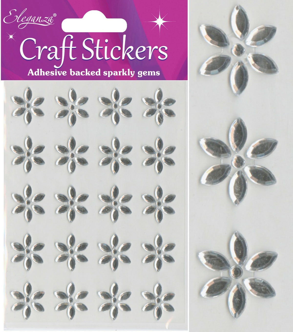 Self Adhesive Stickers Diamante Embellishments Rhinestone Wedding Card Scrapbook - Flower x 20pcs Clear/Silver Per Sheet