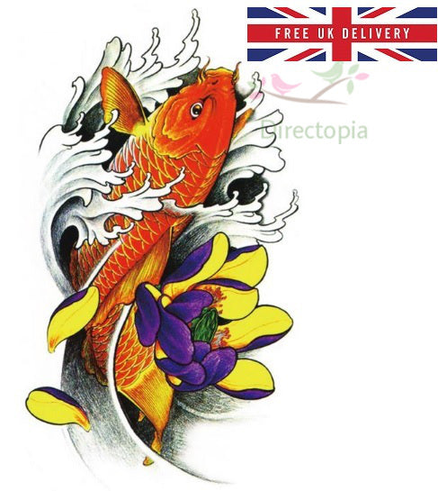 Large 3D Waterproof Irezumi Japanese Carp Fish & Lotus Flower Temporary Tattoo