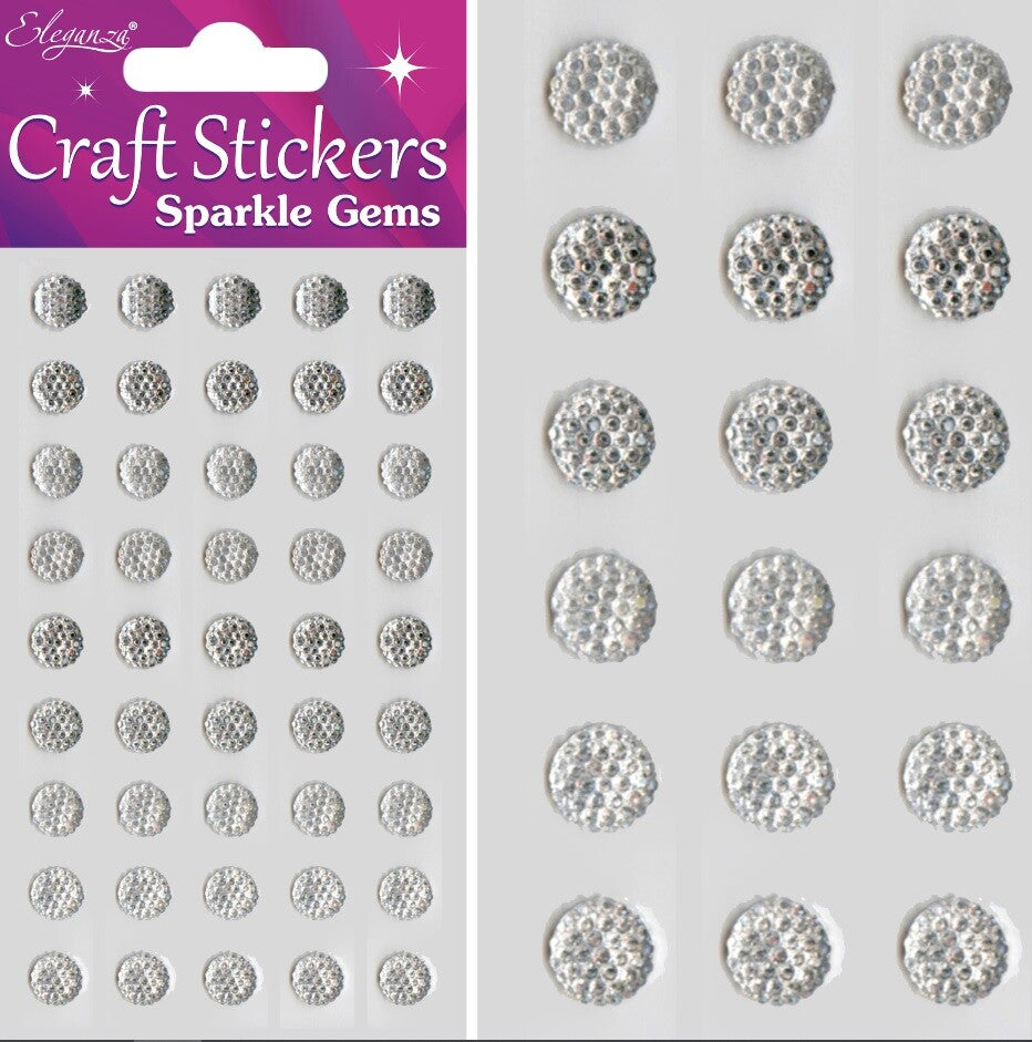 3D Stickers Craft Heart Glitter Gem Craft Embellishments Wedding Self Adhesive - 8mm Silver 45 Piece Round