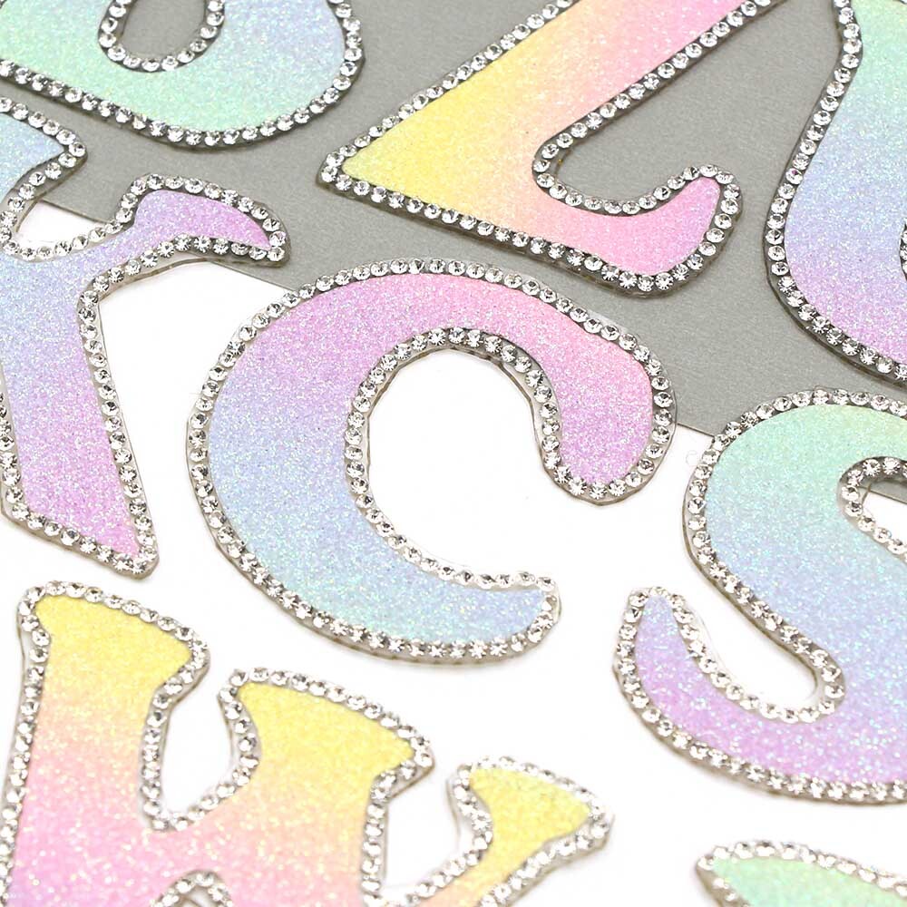 3D Rhinestone Pastel Rainbow Glitter Letter Patch Iron on Alphabet Patches 5cm