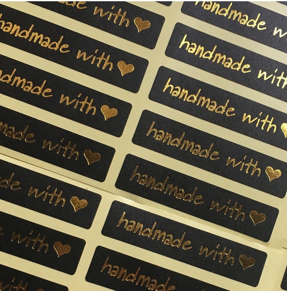 Rectangular Paper Labels 'Hand made with love' Gift Craft Stickers Black & Gold