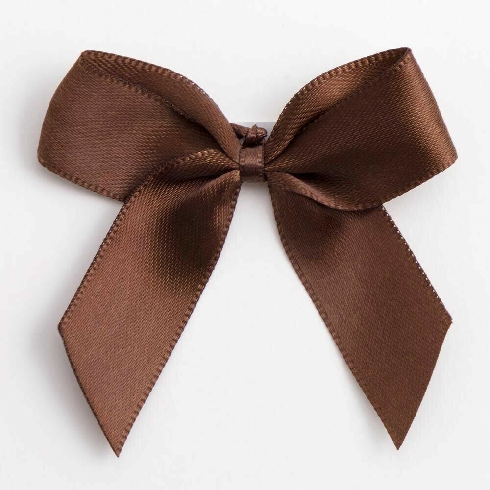 Self Adhesive 5cm Bow Satin Bows Sticky Pre-Tied 16mm Ribbon Craft Wedding - Brown