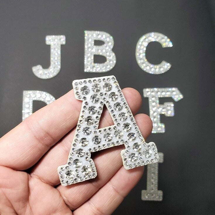 Silver & White Rhinestone Letter Patch Patches Glue or Sew on Alphabet Crystal
