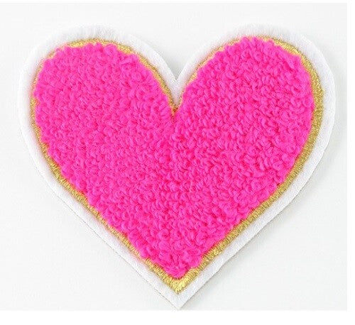3D Large Chenille Towel Heart Patch Iron on Sew on Customise Clothing Craft 7cm - Hot Pink/Fuchsia
