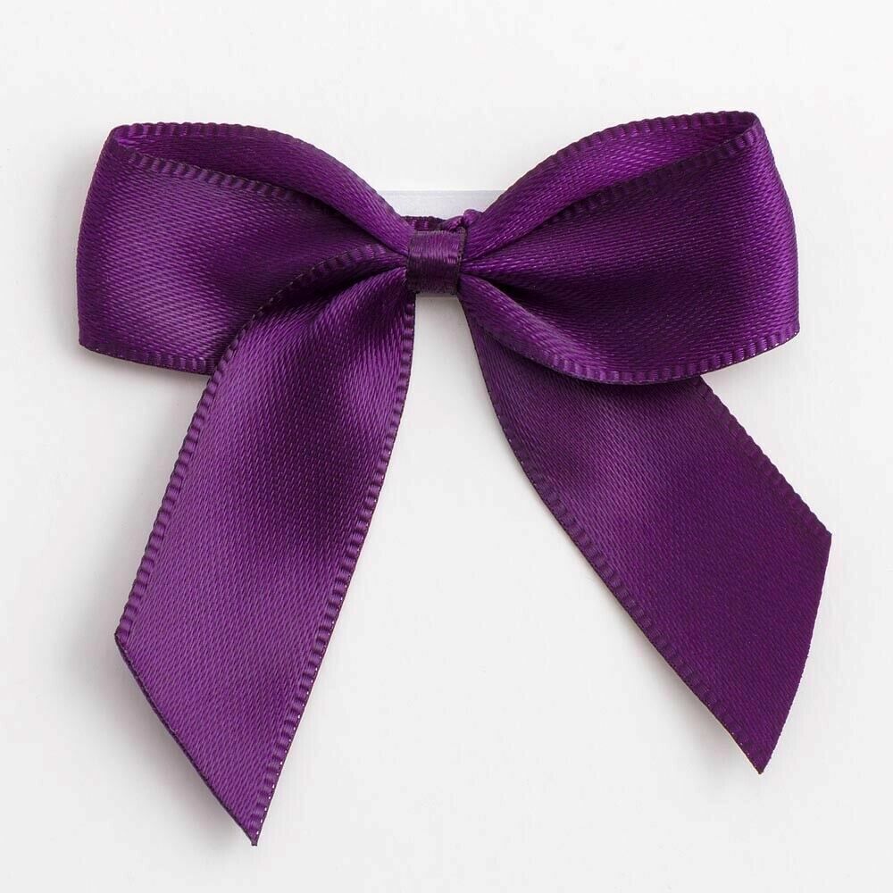 Self Adhesive 5cm Bow Satin Bows Sticky Pre-Tied 16mm Ribbon Craft Wedding - Aubergine