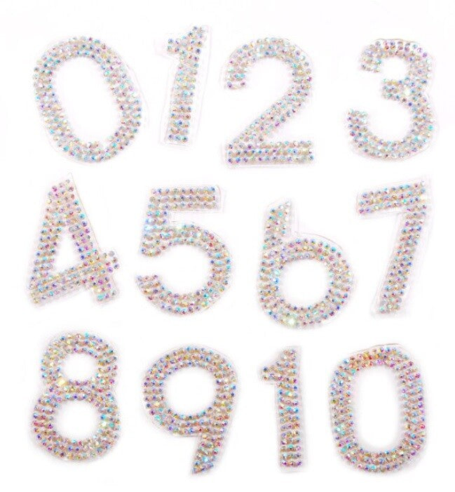 Number Crystal Rhinestone Letter Patch Patches Iron on Hotfix Numbers Customise - AB Silver