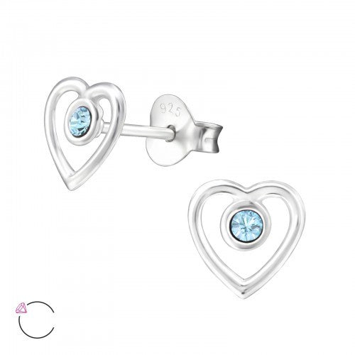 925 Sterling Silver Crystal Heart Stud Earrings & Mini Gift Box - Aquamarine