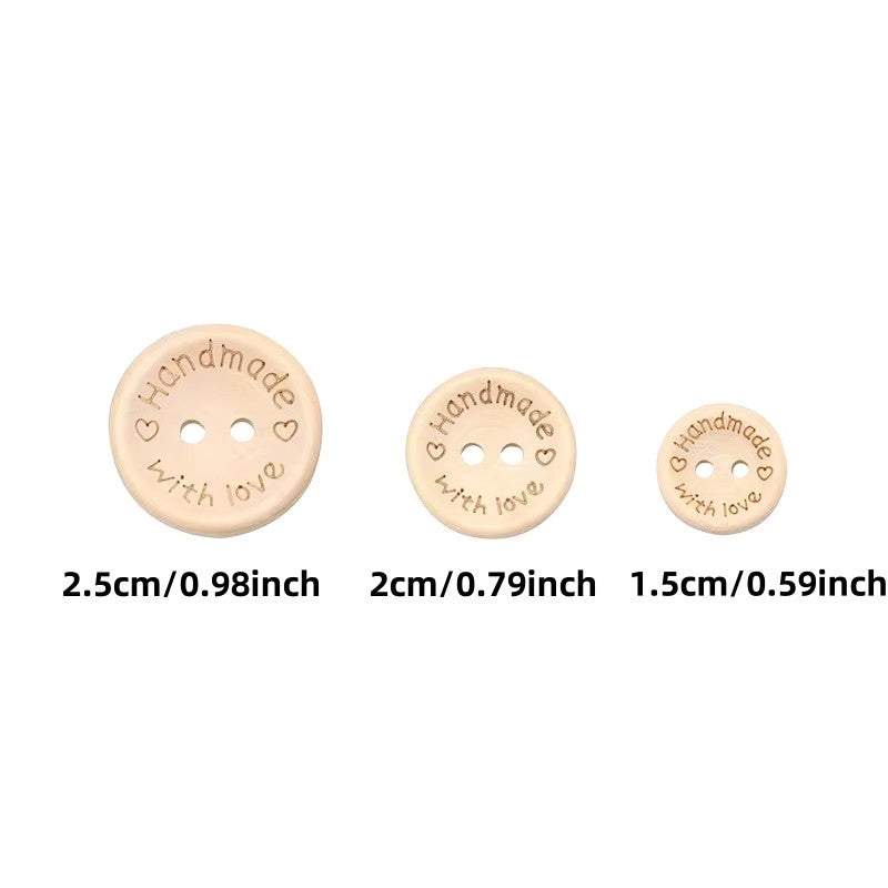 Handmade With Love Wooden Round Buttons Wood Hand Made All 3 Sizes - 15/20/25mm
