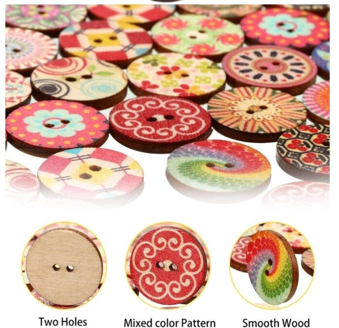 20mm Retro Wooden Buttons - Mixed Pattern Craft Scrapbook - 2 Hole