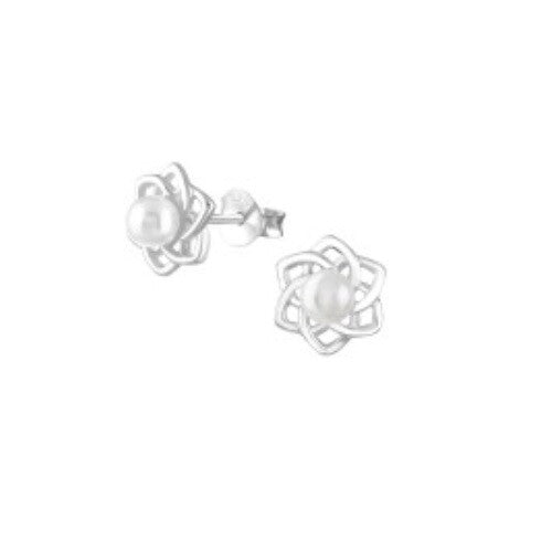 925 Sterling Silver Earrings Plants Flowers Cactus Nature & Gift Box - Pearl Flower - 8x8mm