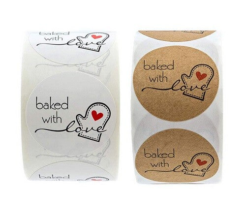 Round Baked With Love Labels Stickers Gift Food Cookie Homemade Craft 2.5cm