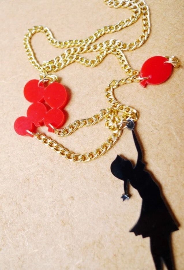 Girl & Red Balloon Acrylic Statement Gold Chain Necklace Graffiti Style UK