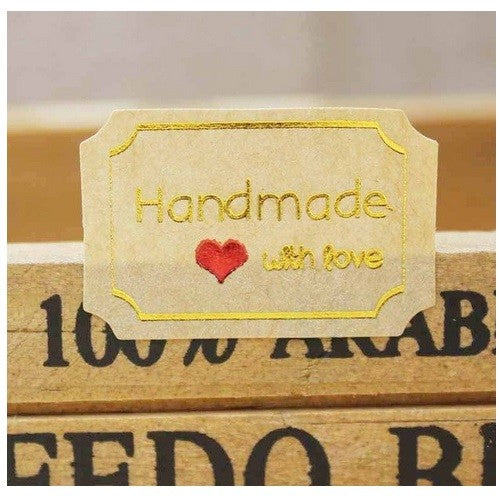 Rectangle Labels Handmade with Love Craft Stickers Red & Gold Transparent White - Brown