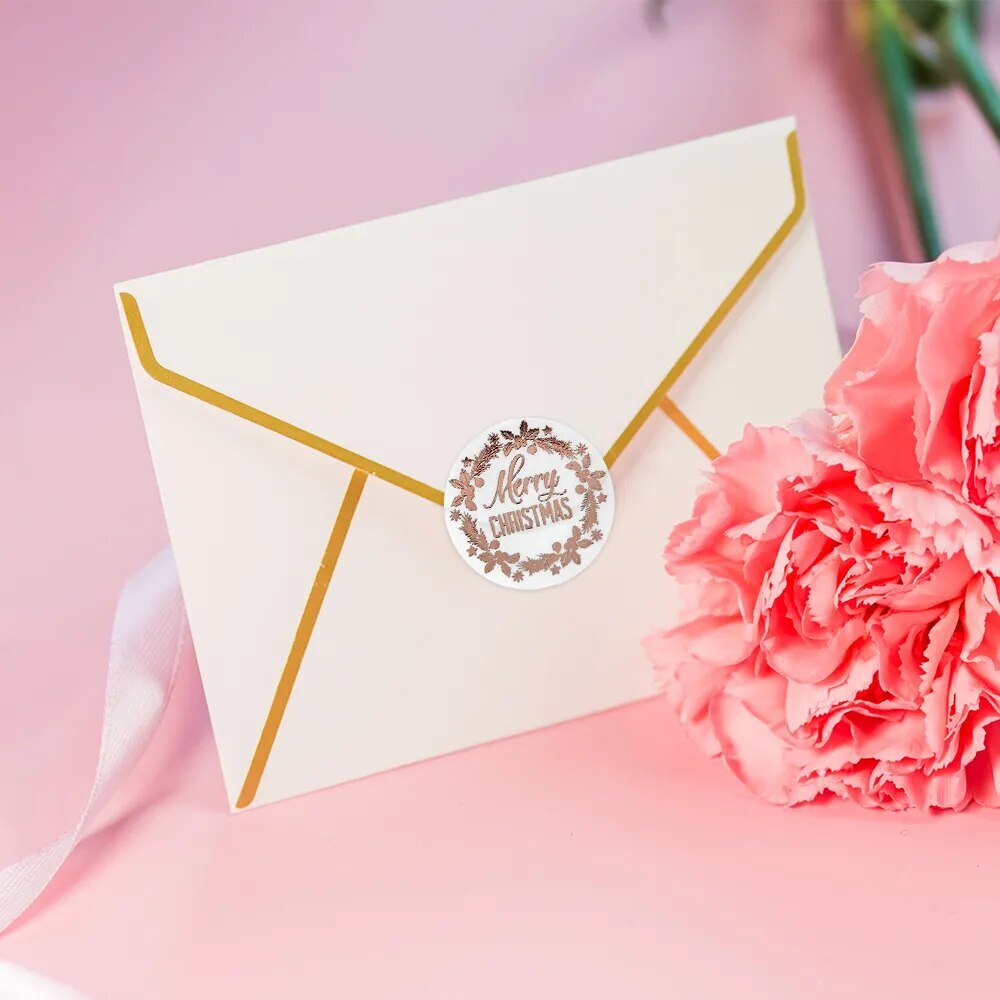 Merry Christmas Happy Xmas White & Rose Gold Labels Stickers Gift Sticker 2.5cm