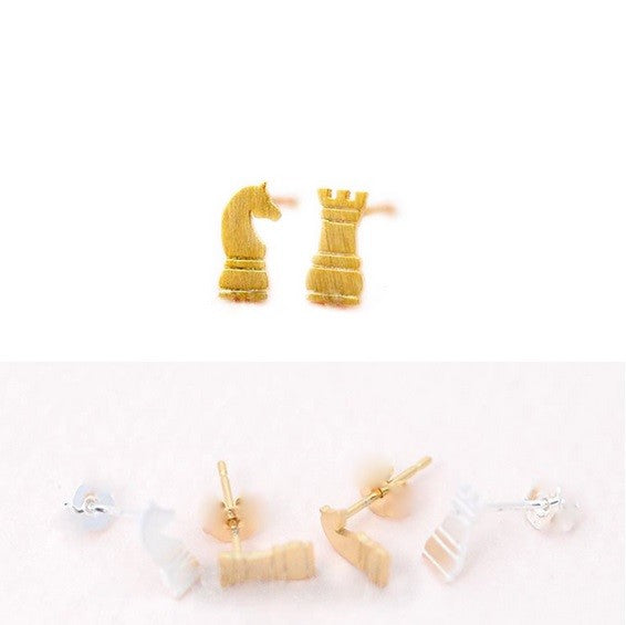 Tiny Chess Castle Knight Stud Earrings Gold Silver Rose & Gift Box #2