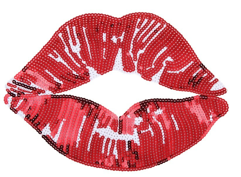 Large Lips Mouth Back Patch Lip Sequin Iron on Fashion Sweater Patch 27x20cm - Cherry Red