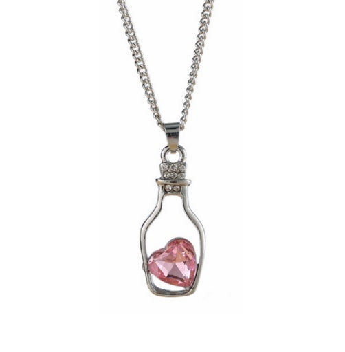 Cute Love Heart in a Bottle Message Pendant Austrian Crystal Necklace Kawaii - Pink