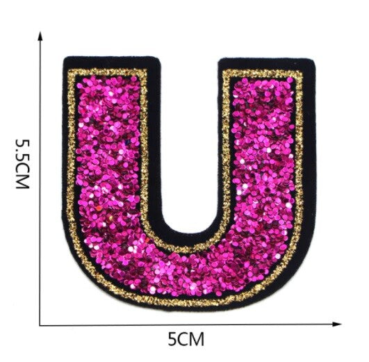 Large Pink Sequins Glitter Letter Patch Iron on Sew on Alphabet Customise 5.5cm - U