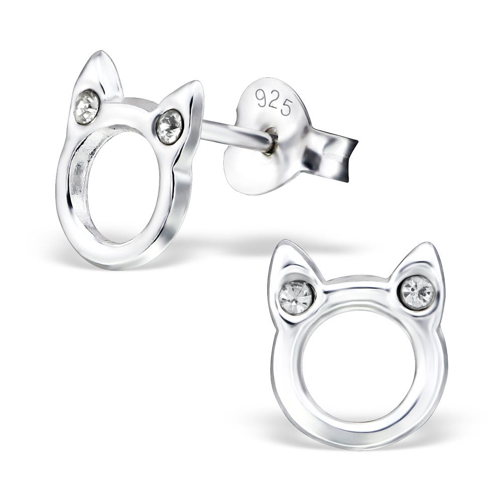 925 Sterling Silver Crystal Cat Ears Minimalist Head Stud Earrings & Gift Box