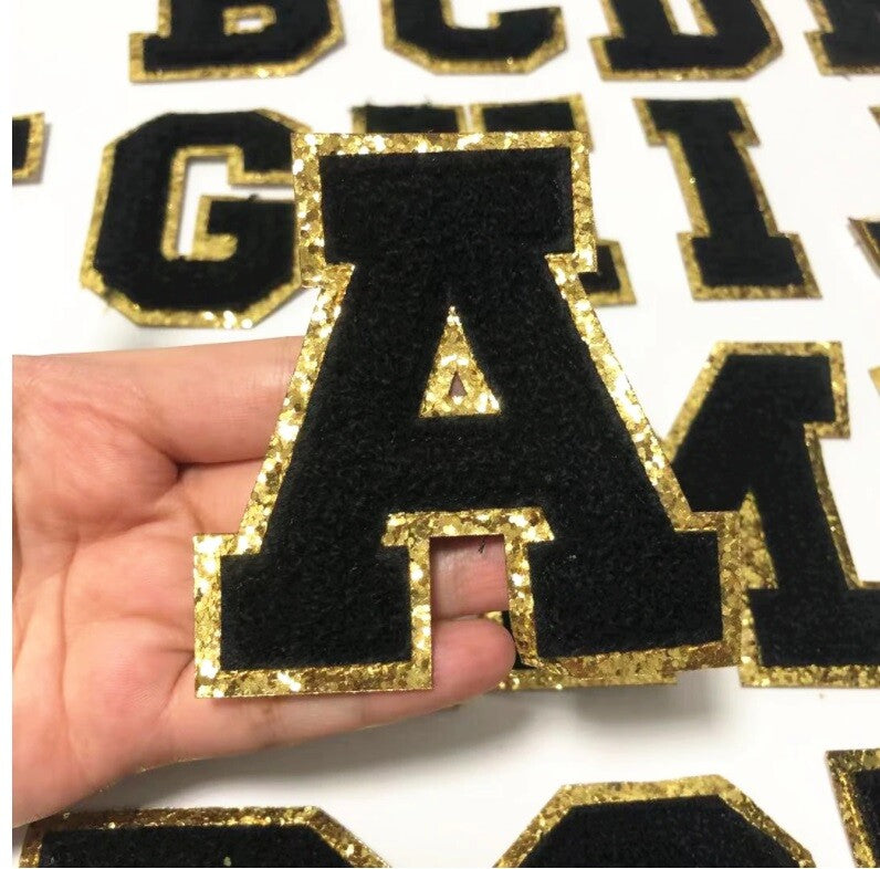 8cm Large 3D Black & Gold Chenille Patch Letter Patches Iron Sew on Alphabet