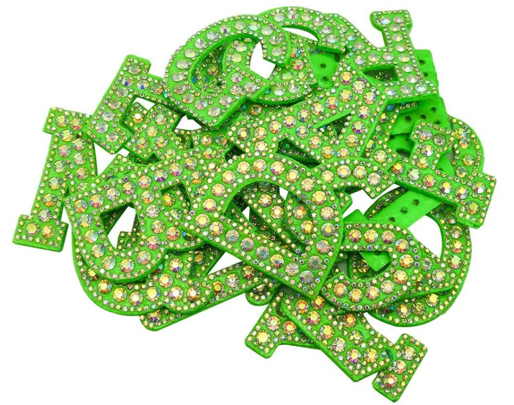 Green Rhinestone Letter Patch Patches Glue or Sew on Alphabet Crystal Customise