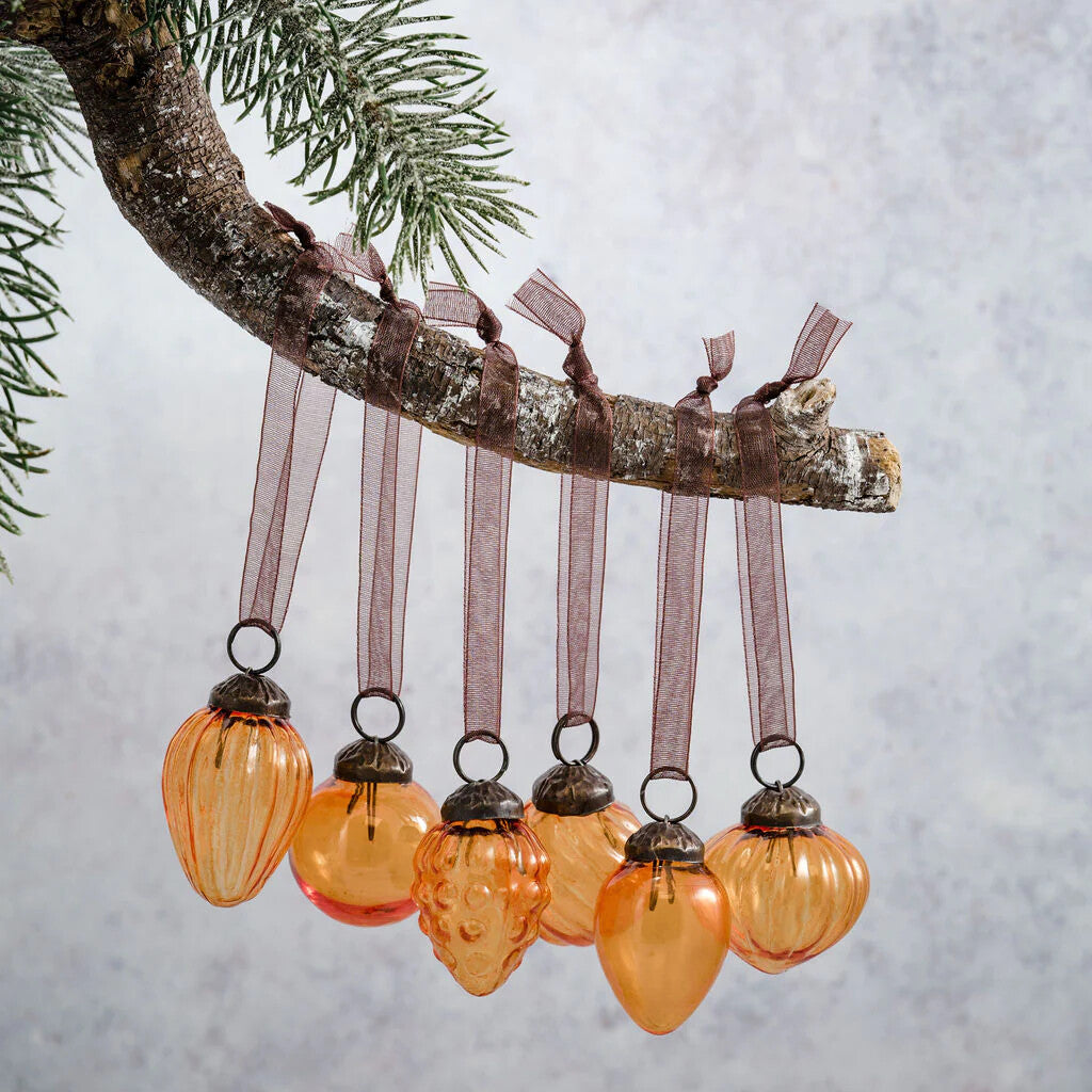 6 Pack Small Glass Handcrafted Baubles Premium Traditional Christmas Tree Craft - Set of 6 Small Mixed design Honey Lustre Baubles