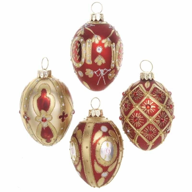 Glass Handcrafted Baubles Premium Traditional Christmas Tree Decoration - 4 Pack Red & Gold Oval Baubles